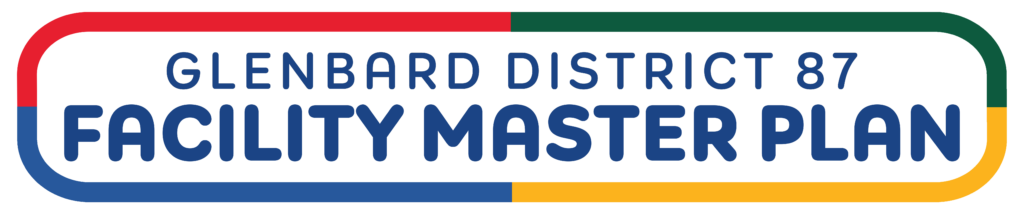 Glenbard District 87 Facility Master plan logo (horizontal rectangle design with red, green, blue and gold colors on the perimeter)